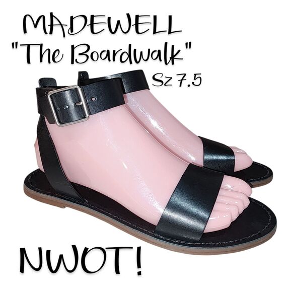 MADEWELL THE BOARDWALK Sz 7.5 NWOT! Black Leather Ankle Buckle Flat Boho Sandals - Picture 1 of 7